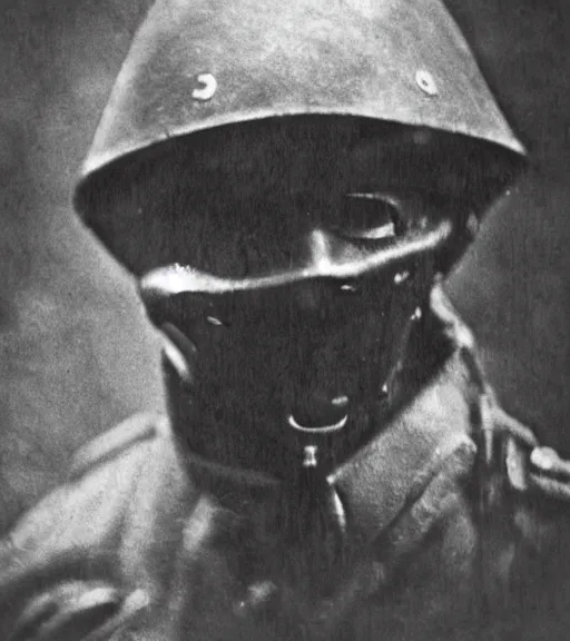 Prompt: a soldier wearing a scary mask in distance, ww1 film photo, grainy, high detail, high resolution