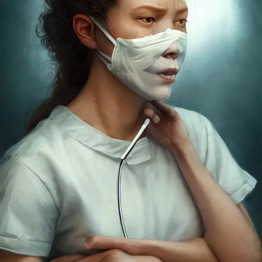 Prompt: epic portrait an female nurse with short sleeves and a mask holding a syringe, sweaty skin, hyperrealistic, expressive, emotional, moody, contre jour, octane render, cinematic, beautiful face and flawless skin, perfect hands, 5 fingers, by Edgar Maxence and Ross Tran and Michael Whelan, Legends of Runeterra