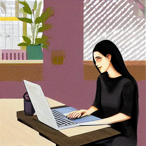 Image similar to marisa kirisame, cafe, typing on laptop, digital art