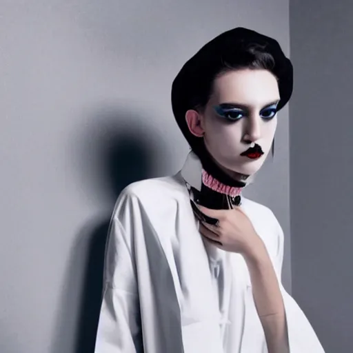 Image similar to kitsch fashion, trashy photo, androgynous people in white clothes, new age, vogue