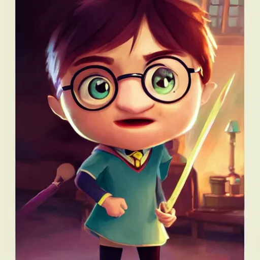 Image similar to a wholesome animation key shot of a cute chibi harry potter student, colorful, pixar and disney animation, sharp, very detailed, high resolution, key art by greg rutkowski, bloom, dramatic lighting