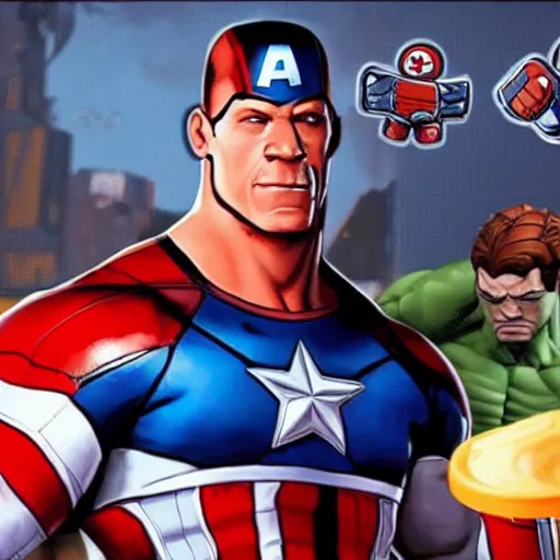 Image similar to John cena drinking a cup of coffee with captain america in marvel universe, as a Fortnite character, cinematic, detailed