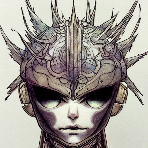 Prompt: prompt: Fragile looking vessel portrait face drawn by Katsuhiro Otomo, inspired by World of Warcraft characters, magical and alchemical objects on the side, soft light, white background, intricate detail, intricate ink painting detail, sharp high detail, manga and anime 2000