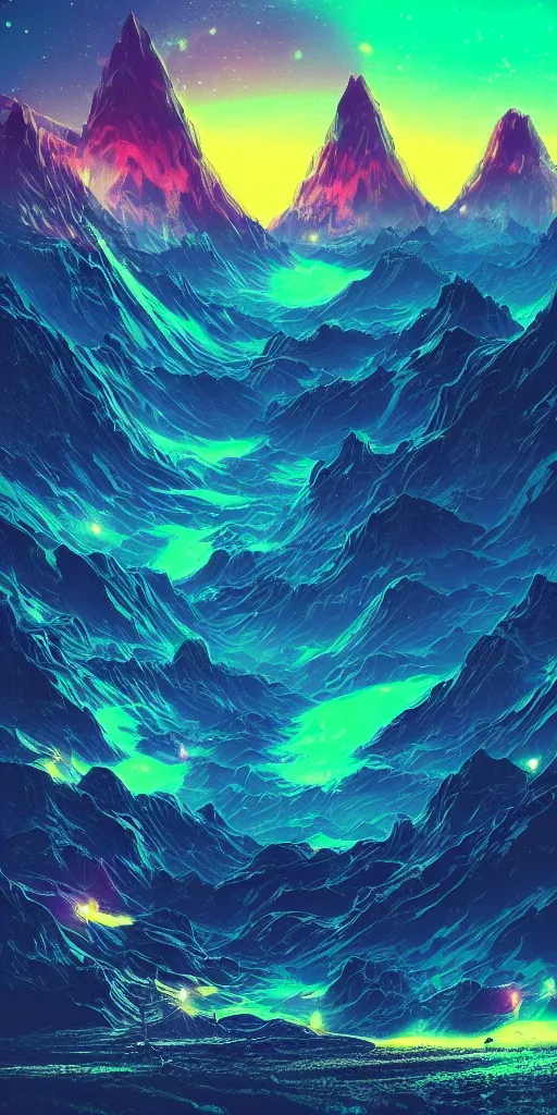 Image similar to a beautiful neon alien landscape, mountains, nighttime, ambient lighting