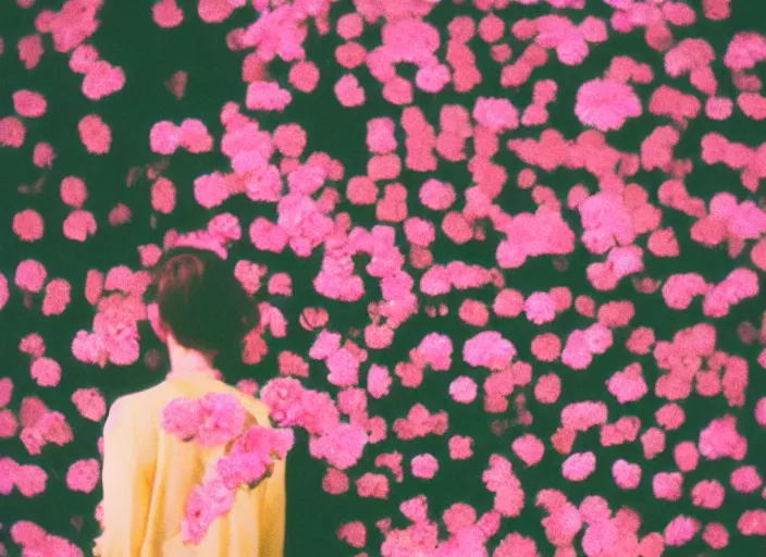 Image similar to color film photography, long shot of the back of a woman\'s head with interwoven flowers in center against a pink wall, daylight, 35mm