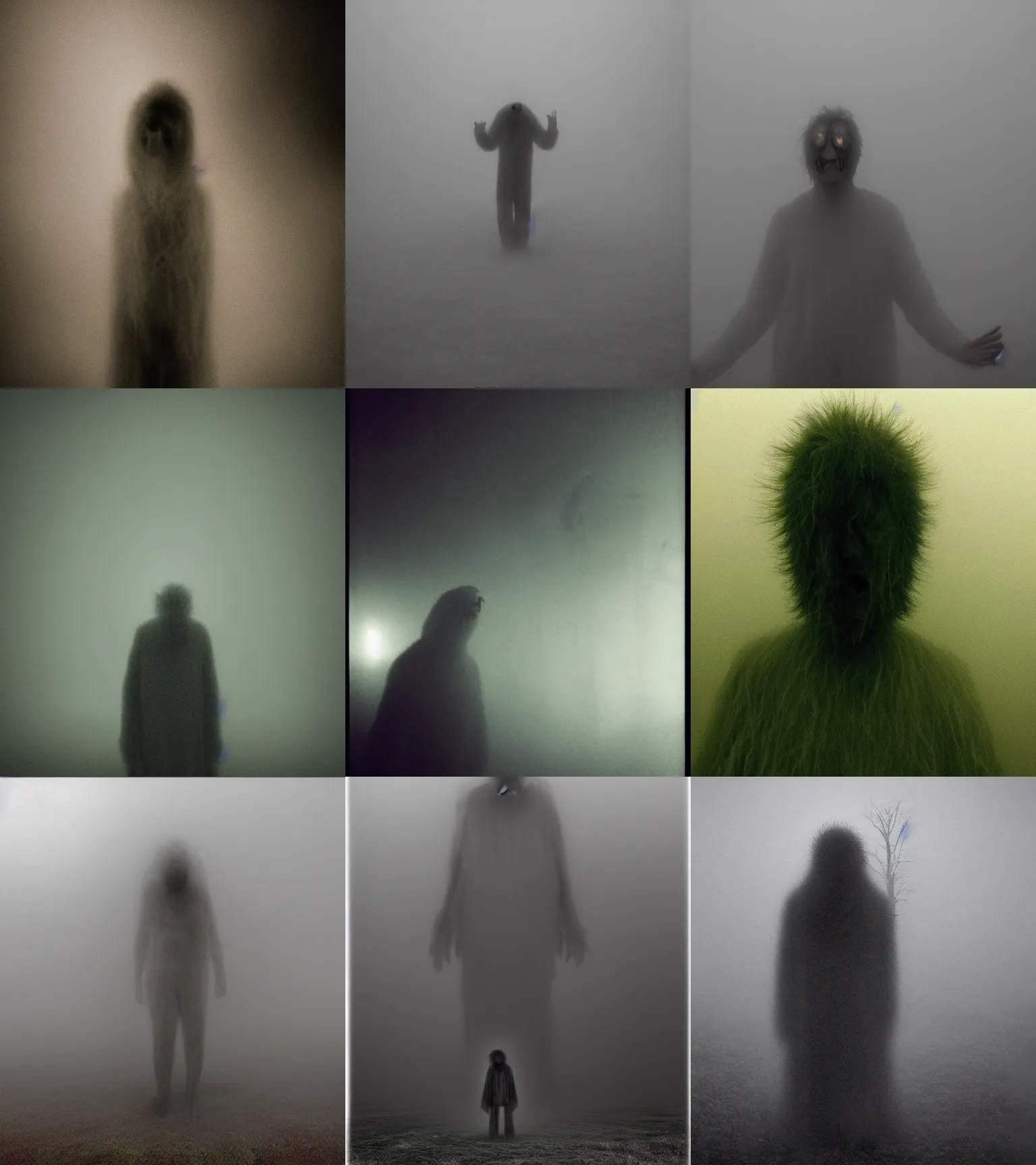 Prompt: idiotic creature. faceless metallic fluffy translucent spiritual shadowy entity guy face thing in the fog. screaming anguish, yelling, smiling, crying, medical, eerie, bad, blurry selfie, zdislaw beksinski, spirit photography, glowing eyes