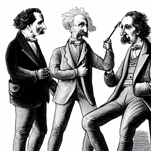 Prompt: Einstein, Isaac Newton, and Nikolai Tesla sharing a joint, drawing