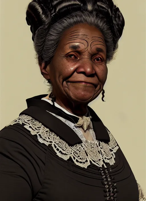 Image similar to a portrait of an old black woman with a crooked nose in victorian clothing, confident pose, intricate, elegant, sharp focus, illustration, highly detailed, concept art, matte, trending on artstation, anime, art by james jean and artgerm and brian despain and alberto mielgo, greg rutkowski, wlop, ilya kuvshinov, strong strokes