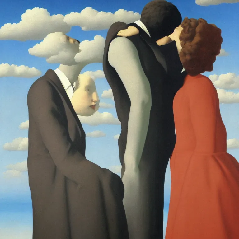 Image similar to porait of faceless woman and faceless man kissing, clouds in the background, by rene magritte, detailed painting, distance, centered, hd, hq, high resolution, high detail, 4 k, 8 k