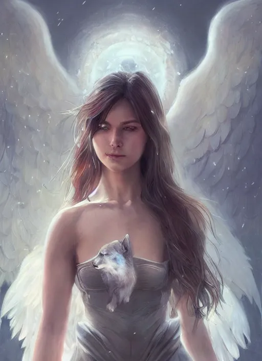 Image similar to beautiful 4 k female portrait, wolf, aasimar angel with wings, tarot card art, character concept art, oilpainting, cinematic lighting, trending in artstation, cgsociety, by wlop, artgerm