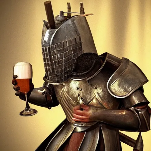 Prompt: knight drinks beer, realistic