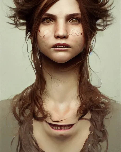 Image similar to symmetry!! portrait of smiling 1 5 - year - old girl with voluminous bushy brown hair, large front teeth, and bright piercing brown eyes, hyper realistic face, beautiful eyes, fantasy art, in the style of greg rutkowski, intricate, hyper detailed, smooth