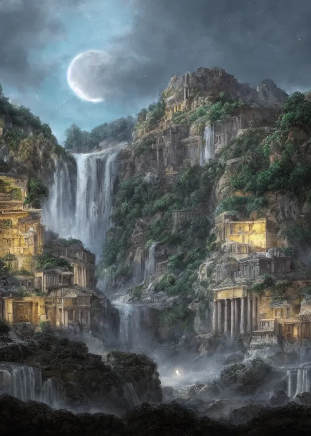 Prompt: a highly detailed matte painting of a beautiful greco roman city by a waterfall in the mountains, nighttime, two moons, 8 k hd, concept art, artstation, deviantart, cg society,