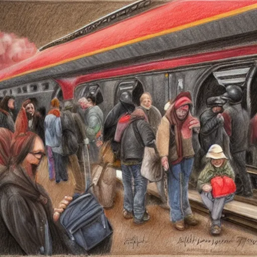 Image similar to A beautiful drawing of a group of people waiting at a railway station. The people in the artwork are all waiting for a train that is about to arrive. burnt umber by Heather Theurer monumental
