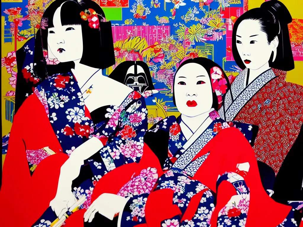 Image similar to hyperrealistic composition of the detailed woman in a japanese kimono sitting at a poker table with detailed darth vader, fireworks, mount fuji on the background, pop - art style, jacky tsai style, andy warhol style, acrylic on canvas