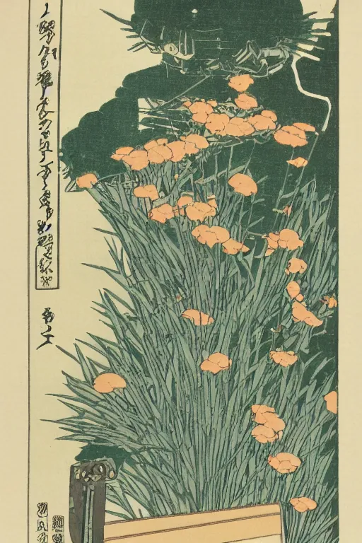 Prompt: Japanese woodblock print of a garden robot