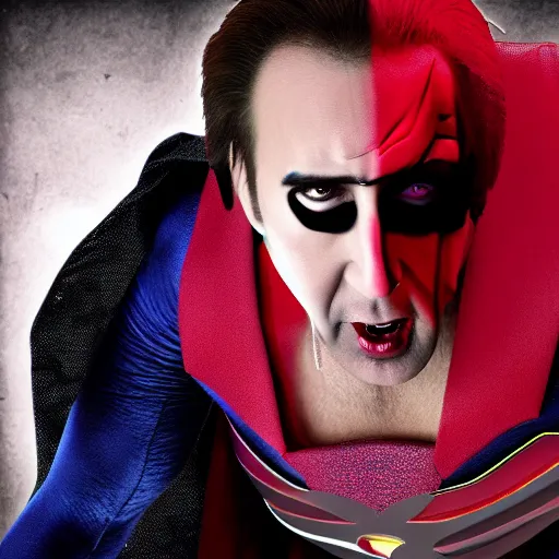 Image similar to nic cage as vampire superman, digital photography, high detail