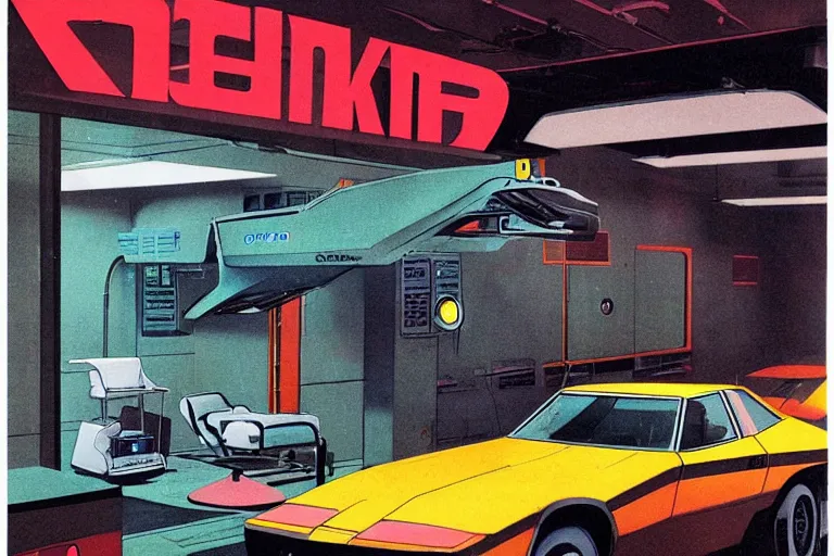 Prompt: 1979 OMNI Magazine Cover depicting a garage car-lift and a surgery room. Cyberpunk Akira style by Vincent Di Fate