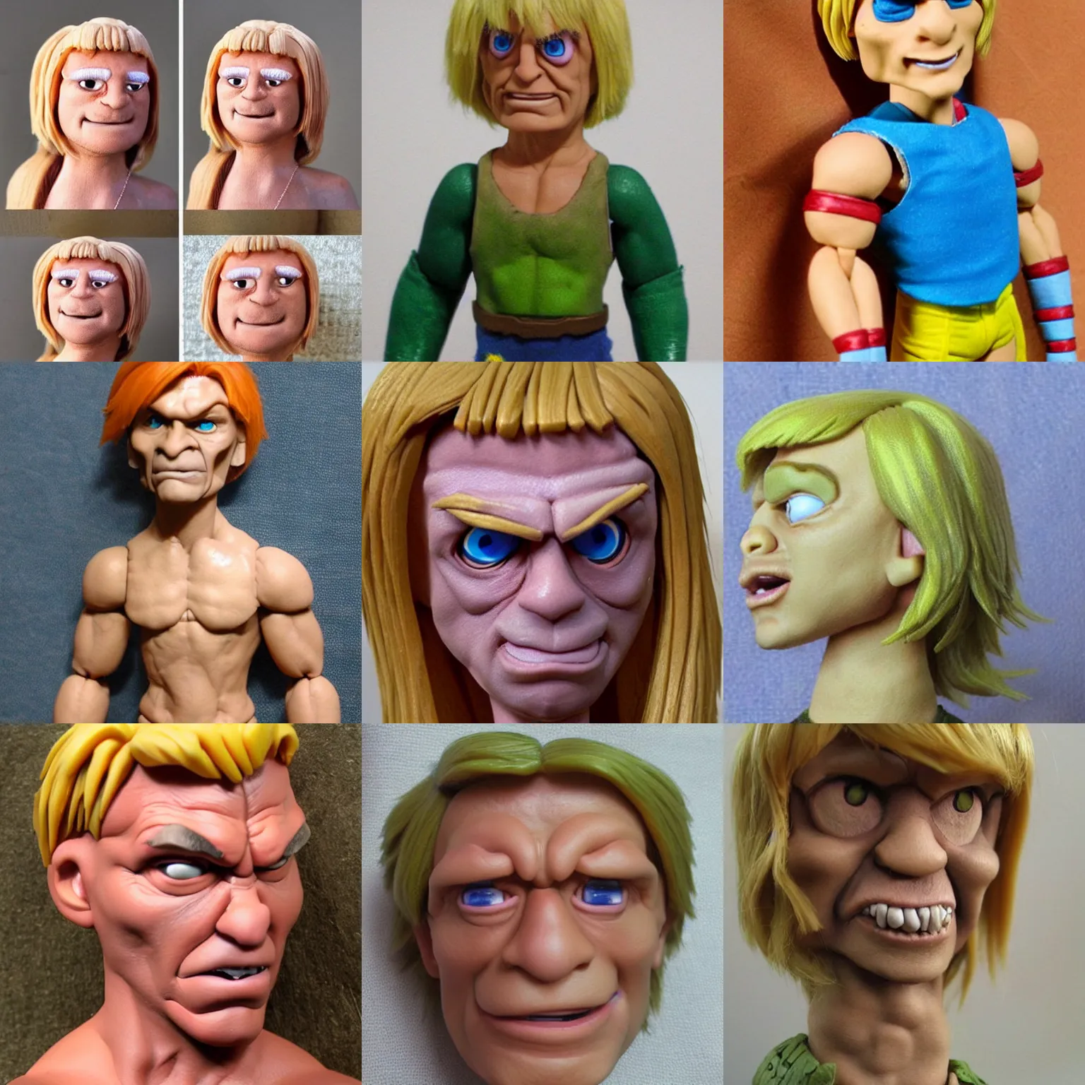 Prompt: real he-man blonde hairl!! clay! close detailed sculpted head , style: claymation puppet kids clay , by guldies