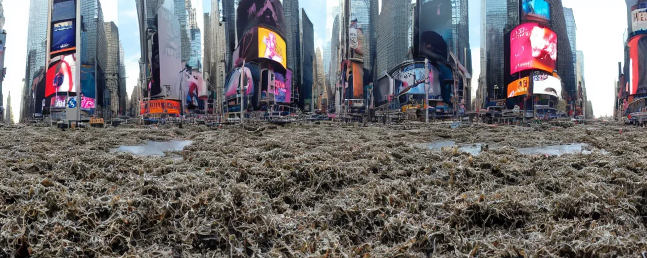 Prompt: times square after the oceans rise. The whole city is deep under water. Seaweed growing here or there, schools of fish glitter in the gloom. Rusted cars make a home for coral. Panoramic view