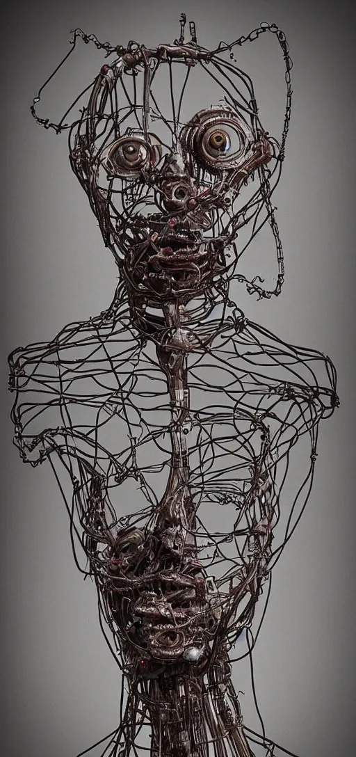 Image similar to human made out of wires and machinery, body horror, creepy, disturbing, dark,