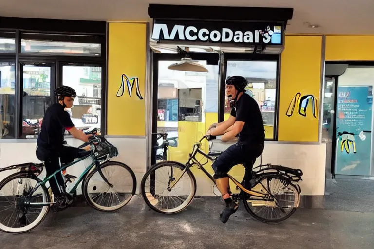 Image similar to cyclist in toilet!!! inside mcdonalds is eating donuts!!! and drinking yerba!!! mate