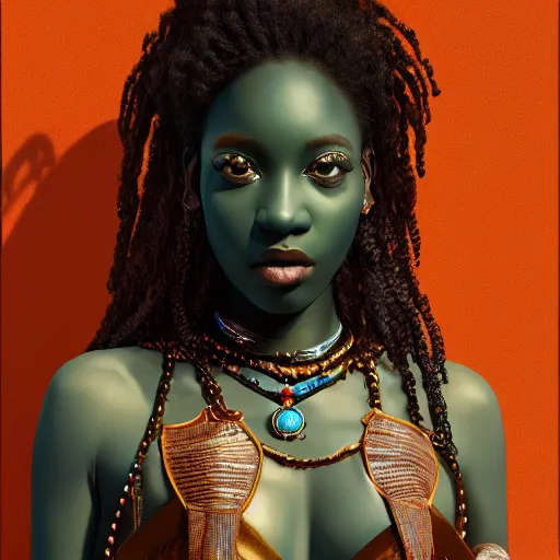 Prompt: Dark skin female goddess of love, three-quarter body, oil on canvas, renaissance, leather, aquamarine, hyper-detailed, 3d octane render , digital art