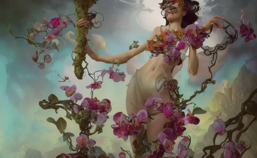 Image similar to goddess of orchids by peter mohrbacher, wlop, tooth wu, alfons mucha, trending on artstation, 4k, super detailed, octane render - H 1000