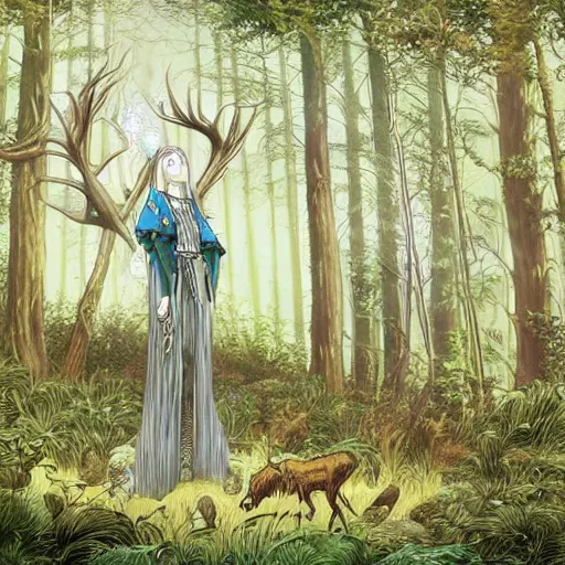 Image similar to illustration of a magical tribal sorceress with a huge majestic stag in a forest by hayao miyazaki and jean giraud moebius, highly detailed digital painting, concept art