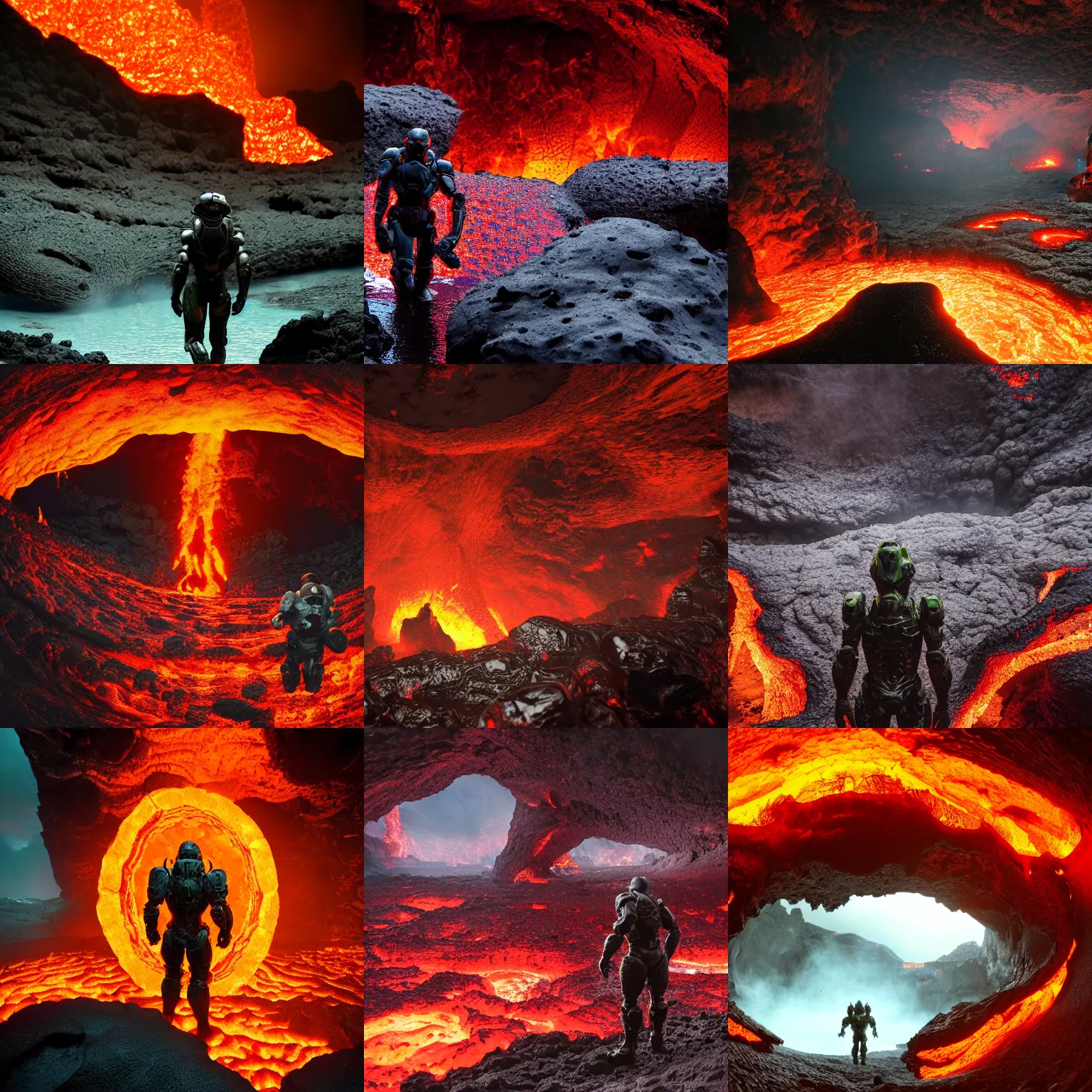 Prompt: a doom slayer emerges from inside a lava lake, cave background, high detail, lava reflections, cave reflecting in the lava lake, dramatic shot