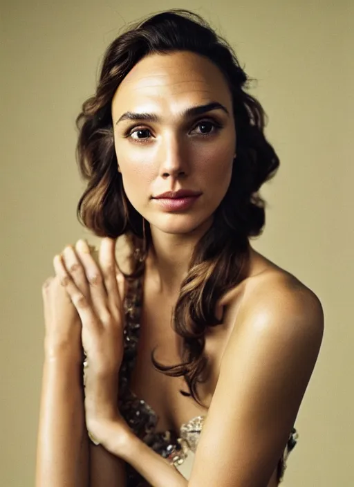 Prompt: kodak portra 4 0 0, 8 k, highly detailed, britt marling style, mario testino style, 3 / 4 photographic close - up face of a beautiful gal gadot with 1 9 7 0 s hairstyle, 1 9 7 0, 1 9 7 0 s style, symmetrical, hasselblad x 1 d - 5 0 c, medium format, soft light