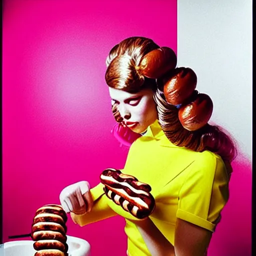 Prompt: a portrait of a beautiful fashion model that is curling her hair using hot dogs. surreal photograph, toiletpaper magazine, 3 5 mm photograph, colourful, by pierpaolo ferrari, maurizio cattelan