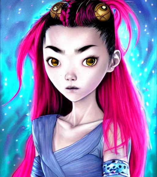 Prompt: An epic fantasy comic book style portrait painting of a very beautiful Japanese Icelandic! mixed-race girl, very expressive, piercing blue eyes, elegant, dreamy, smirk, round face, smooth, fair skin with freckles, modern futuristic hair style with bangs, wearing a pink polkadot dress, awesome pose, character design by Mark Ryden and Pixar and Hayao Miyazaki, unreal 5, DAZ, hyperrealistic, octane render, cosplay, RPG portrait, dynamic lighting, intricate detail, summer vibrancy, cinematic