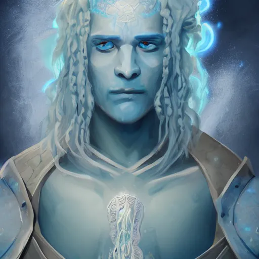 Image similar to A water genasi cleric with wavy white hair and blue skin praying to his god wearing turtle armor, illustration, artstation, highly detailed, 4k