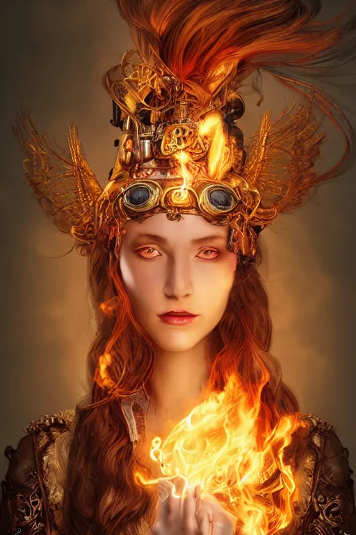 Prompt: a beautiful portrait of a young woman, steampunk Chandra sorceress of fire, big googles over her head, long flowing hair glowing with fire, steampunk costume mostly red and gold young female face, cinematic top lighting, insanely detailed and intricate, face by wlop, Charlie Bowater, golden ratio, symmetric, elegant, ornate, luxury, elite, matte painting, cinematic, trending on artstation, deviantart and cgsociety, 8k, high resolution