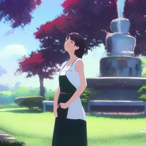 Image similar to a full body portrait of a young woman wearing a white apron standing in front of a fountain in a park, makoto shinkai, james gilleard, very detailed, matte, gaussian blur, tone mapped William-Adolphe