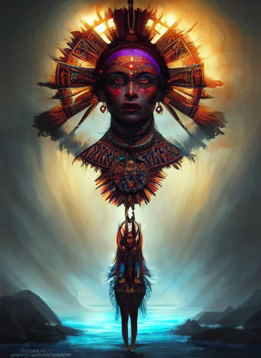 Image similar to aztec sun goddess, vivid colors, dark shadows, contrast, concept art, sharp focus, digital art, Hyper-realistic, 4K, Unreal Engine, Highly Detailed, Dramatic Lighting, Beautiful, by Brom, bastien lecouffe-deharme