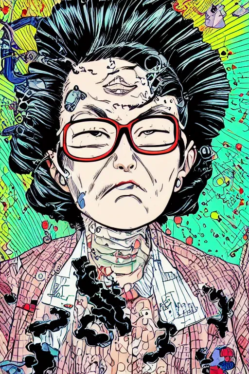 Prompt: zoom out portrait of mad lady scientist, stylized illustration by katsuhiro otomo, colorful comics style,