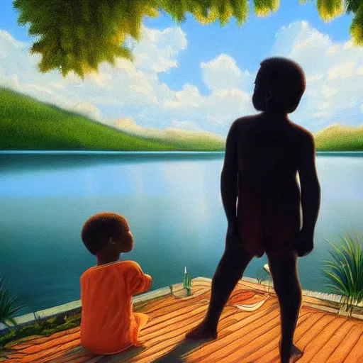 Image similar to a retro realistic painting of a ghost!!! shining in a lake while a black kid! stares at it with a florest! in the background, a scenic view, realistic, volumetric light, octane render, detailed oilpainting painting by Naudline Cluvie Pierre, trending on artstation.