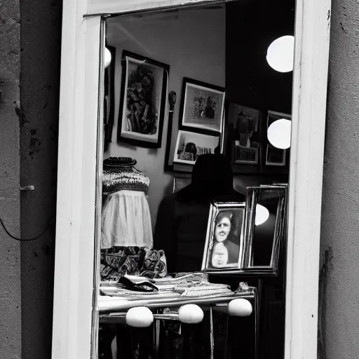 Image similar to photograph of mirror on a vintage shop, inside the mirror a reflection of an old lady smiling, black and white, 3 5 mm