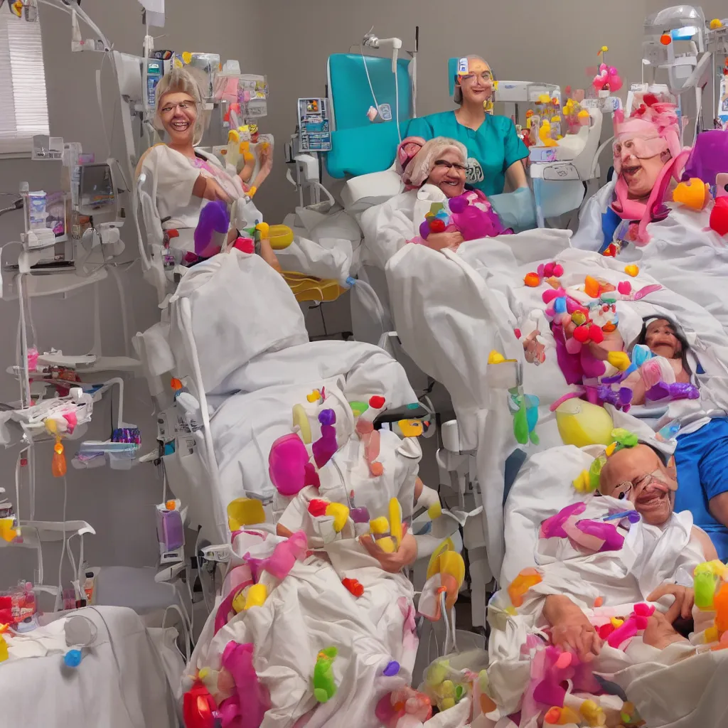 Image similar to photo of a happy patient and doctor or nurse in a hospital room made out of soft candy, candy hospital equipment, candy hospital room, candy treatments, oompa loompa virus, willy wonka pandemic