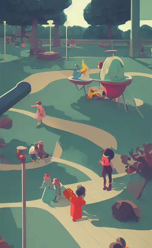 Image similar to children playground, fun whimsical surreal illustration, by atey ghailan and escher and edward hopper