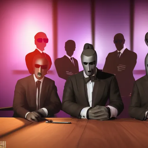 Image similar to HD render of shadow figures in suits sitting around a table in an occultic lair scheming and plotting, Ultra realistic digital art painting trending on artstation, photo realistic, black and purple colour scheme