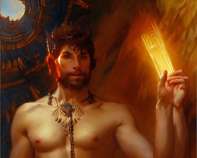 Image similar to attractive pagan male deity, summoning handsome lucifer morning star. highly detailed painting by gaston bussiere, craig mullins, j. c. leyendecker 8 k