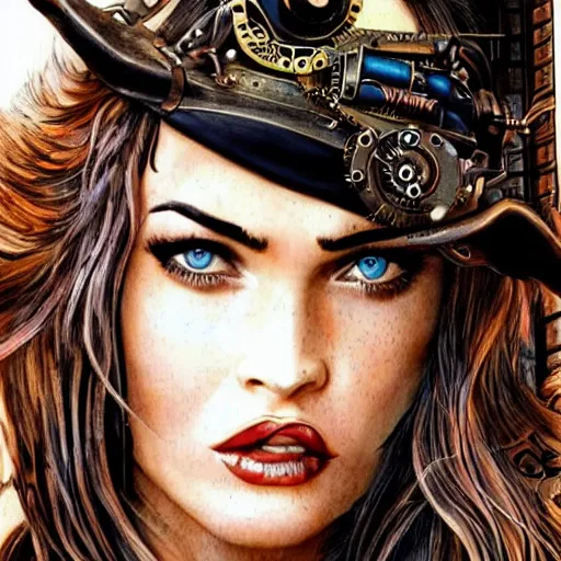 Image similar to megan fox, steampunk, ultra detailed