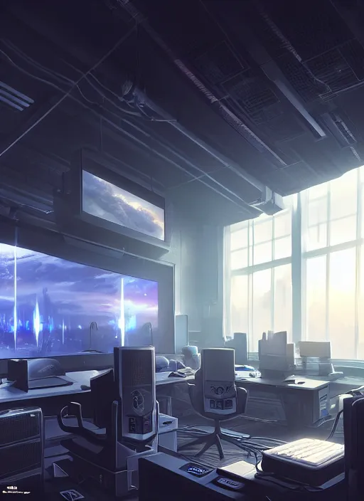 Image similar to computers, wired in, in a highly detailed server room with computers everywhere, cinematic view, epic sky, detailed, concept art, low angle, high detail, warm lighting, volumetric, godrays, vivid, beautiful, trending on artstation, by jordan grimmer, huge scene, art greg rutkowski