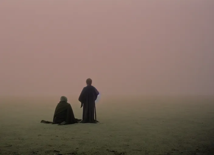 Image similar to Luke skywalker kneels before a strange jedi oracle, a mystic with infinite knowledge of time. in a foggy pink land. still from the 1983 film directed Stanley Kubrick, Photographed with Leica Summilux-M 24 mm lens, ISO 100, f/8, Portra 400