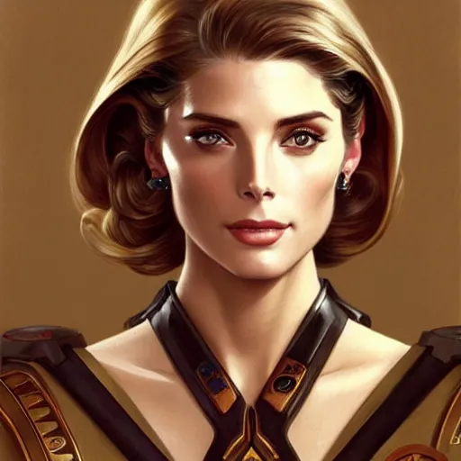 Image similar to Ashley Greene's and Grace Kelly's faces combined as a Space Marine, western, D&D, fantasy, intricate, elegant, highly detailed, digital painting, artstation, concept art, matte, sharp focus, illustration, art by Artgerm and Greg Rutkowski and Alphonse Mucha