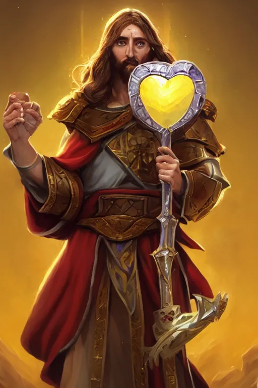 Image similar to A card of Jesus Christ as a DOTA 2 character holding a Sacred Heart armor, card game, card, trade card game, Artifact Dota2, by Stanley Artgerm Lau, WLOP, Rossdraws, James Jean, Andrei Riabovitchev, Marc Simonetti, Yoshitaka Amano, ArtStation, CGSociety,