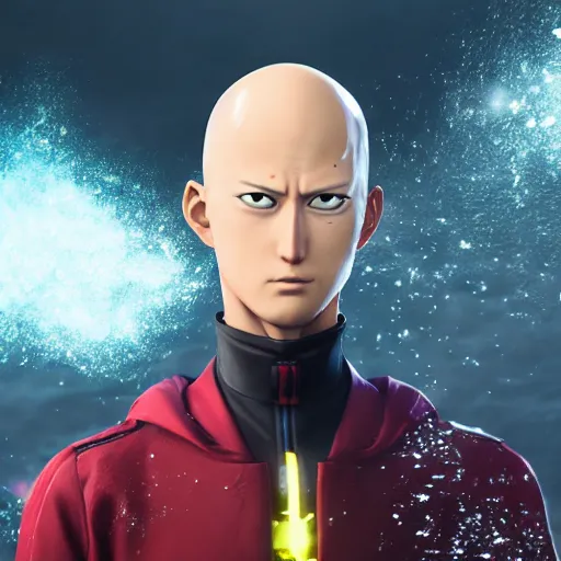 Image similar to a portrait of saitama as a genshin impact character, ingame shot from genshin impact, wet reflections, unreal engine 5, intricate details, fantasy, hyper realism, humongous view, rtx, smooth, cinematic